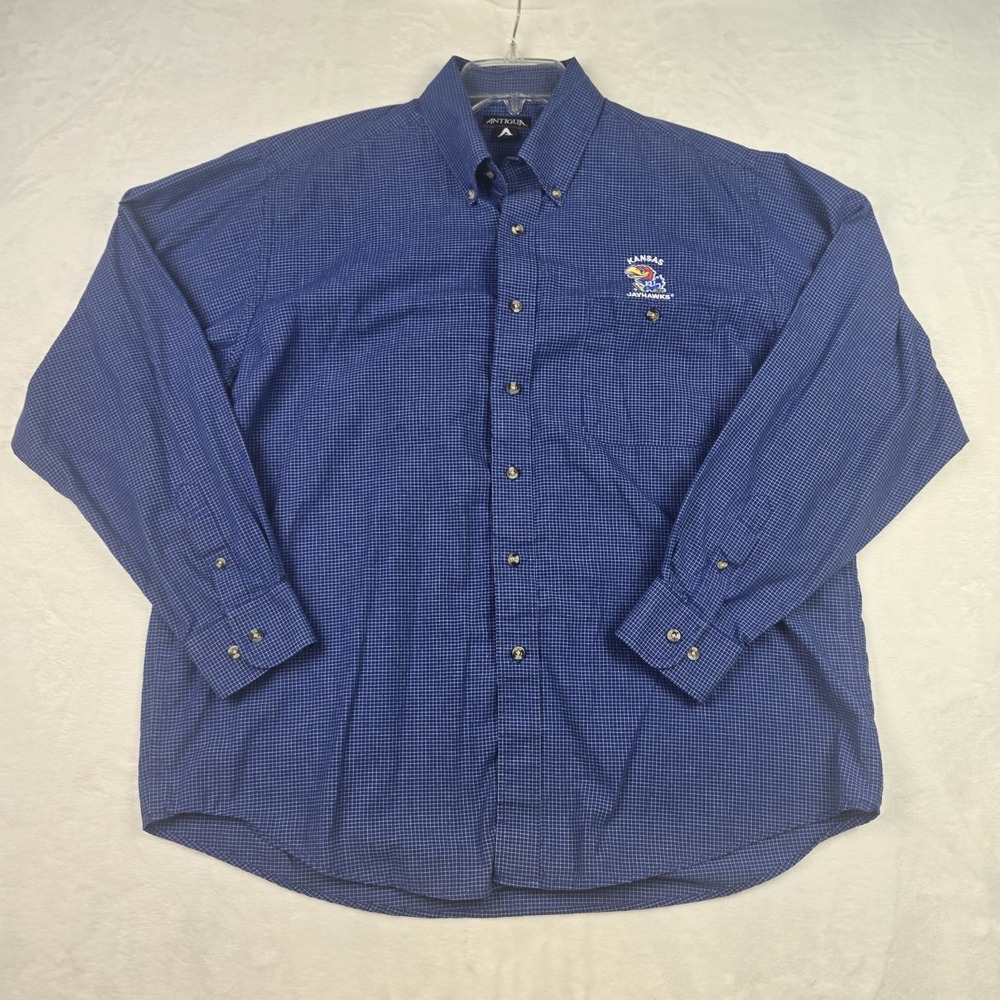 Antigua Mens KU Jayhawks Logo Blue White‎ Plaid Button Down Shirt Size Large